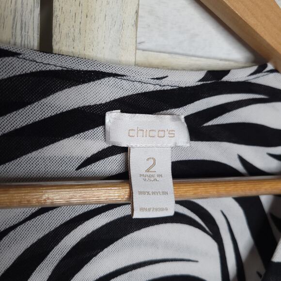 Chico's Women Sz 2 US L Black White Zebra Print Mesh Pleated Scoop Neck Tank Top - Picture 4 of 6